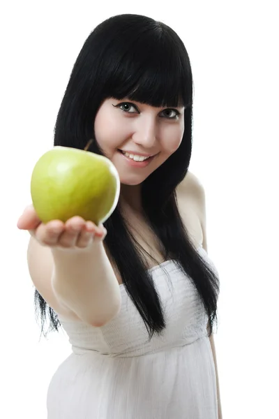 Portrait of a beautiful woman, holding an apple — Stock Photo, Image