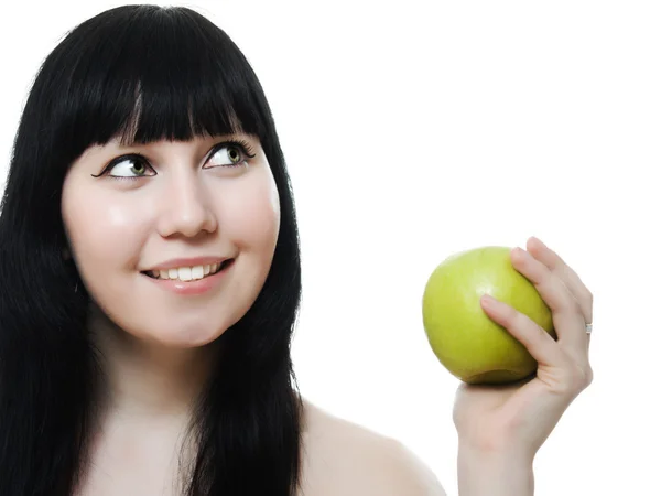 Retrato de uma mulher bonita, segurando uma maçã — Fotografia de Stock
