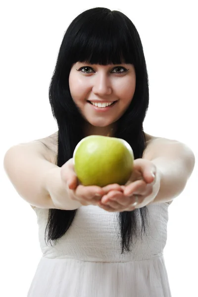 Portrait of a beautiful woman, holding an apple — Stock Photo, Image