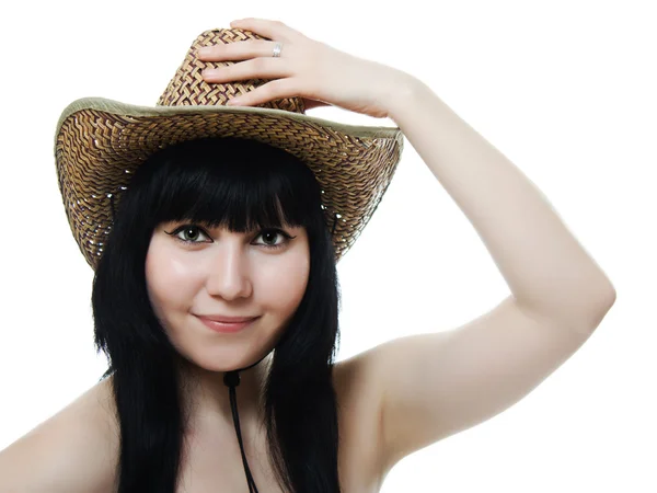 Portret pięknej kobiety w kowbojskim kapeluszu — Zdjęcie stockowe