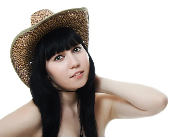Portret pięknej kobiety w kowbojskim kapeluszu — Zdjęcie stockowe