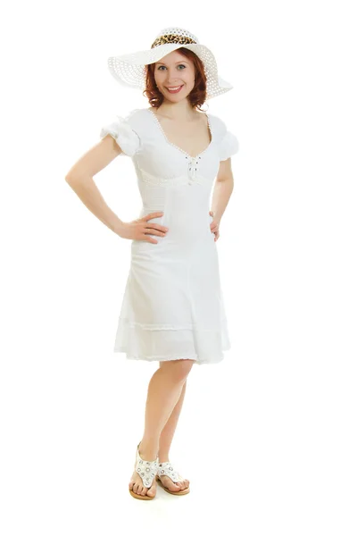 Glad vacker sexig ung kvinna i vit klänning — Stockfoto
