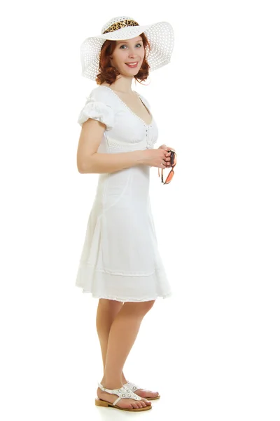 快乐美丽性感的年轻女性在白色礼服 — 图库照片