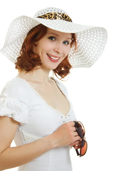 Happy beautiful sexy young woman in white dress — Stock Photo, Image
