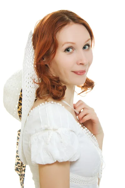 Beyaz elbiseli güzel seksi genç kadın — Stok fotoğraf