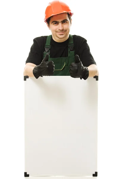 Senior constructor holding the blank board — Stock Photo, Image