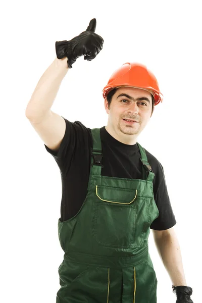 Businessman in helmet pointing up. — Stock Photo, Image