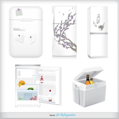 Set of refrigerators with labels and products clipart