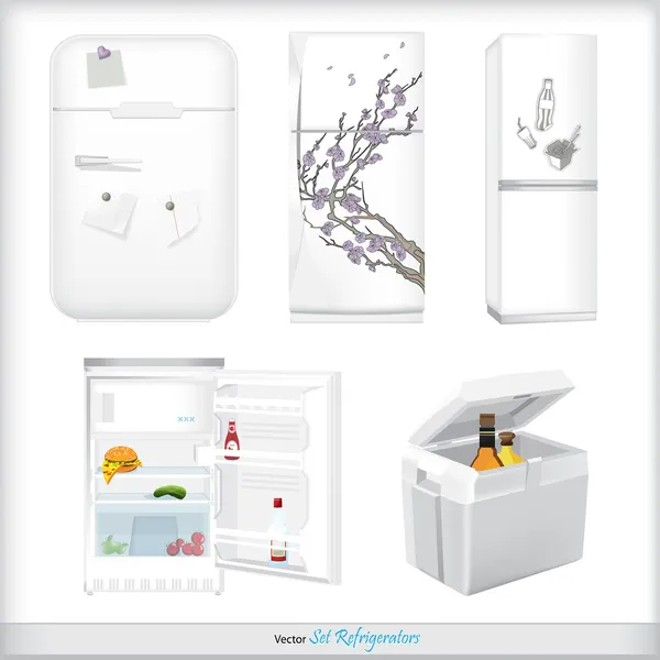 Conjunto de refrigeradores con etiquetas y productos — Vector de stock
