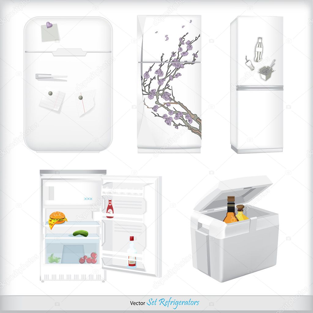 Set of refrigerators with labels and products