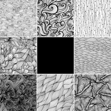 Set of eight black and white wave patterns (seamlessly tiling).Seamless pattern can be used for wallpaper, pattern fills, web page background,surface textures. Gorgeous seamless wave background