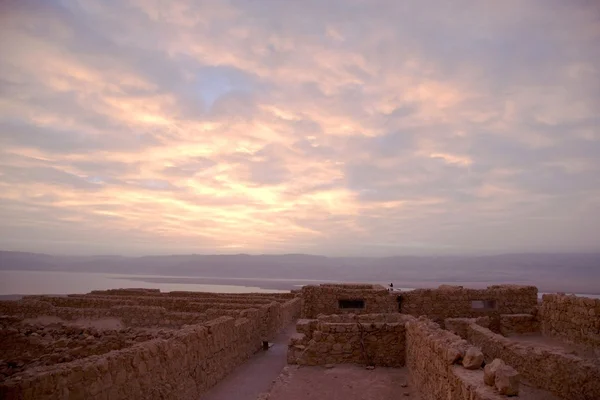 Masada Fort en dode zee zonsopgang in Israël judean desert toerisme — Stockfoto
