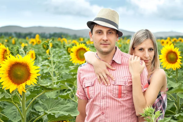 stock image Happy young pair in sunflowers