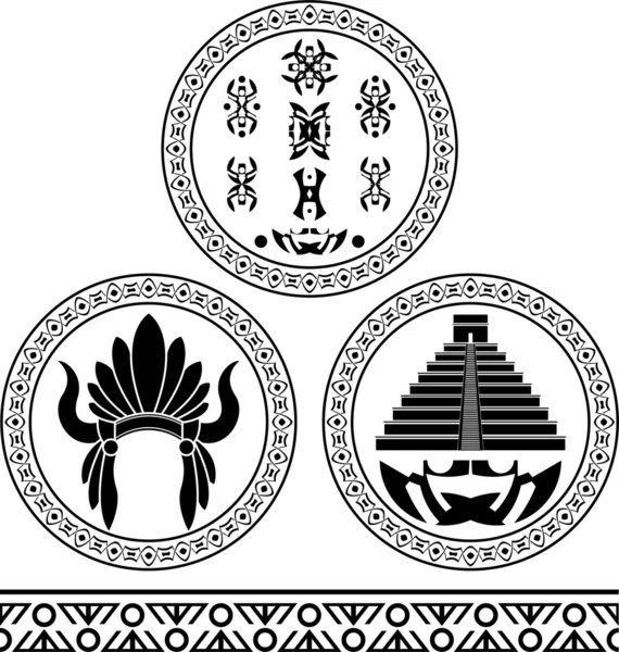 Znaki Majów, nakrycia głowy, piramidy i wzór — Wektor stockowy