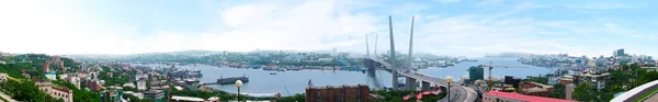 stock image Vladivostok. Panorama of the Golden Horn and the new cable-staye