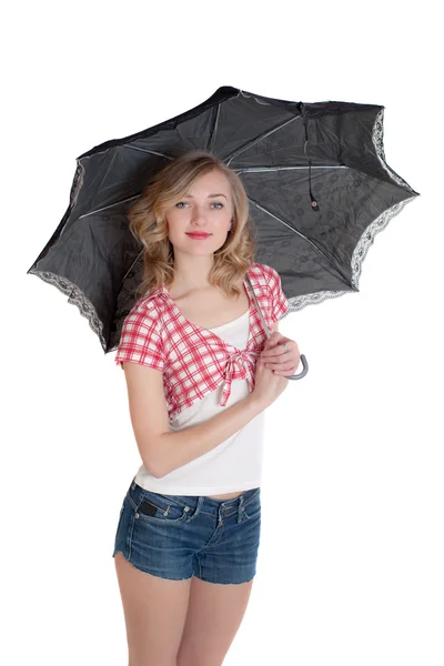 Blondine mit schwarzem Regenschirm — Stockfoto