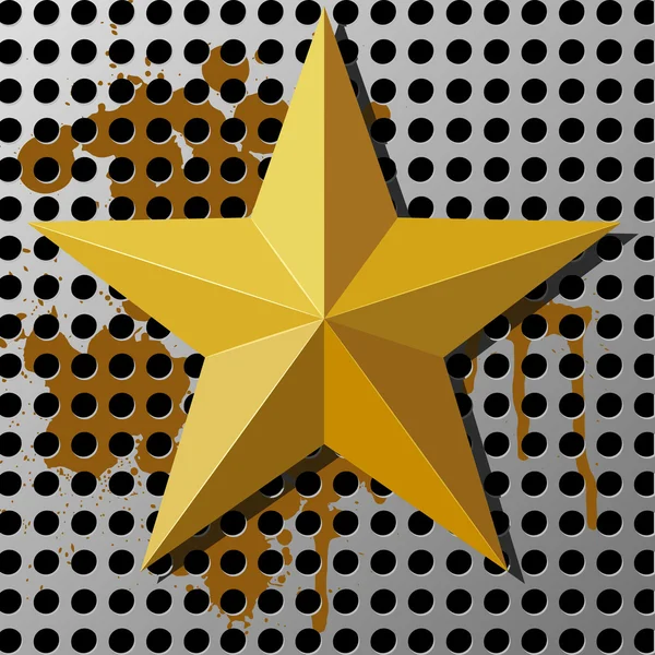 Gold star on a metal background with holes — Stock Vector