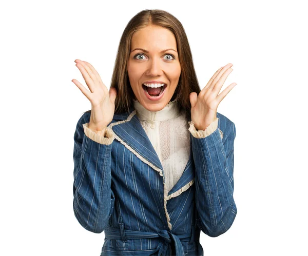 Beautiful businesswoman screaming in panic on white — Stock Photo, Image