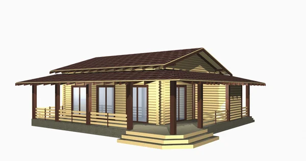 Casa de madera aserrada. 3D renderizado modelo. Aislamiento en la espalda blanca — Foto de Stock