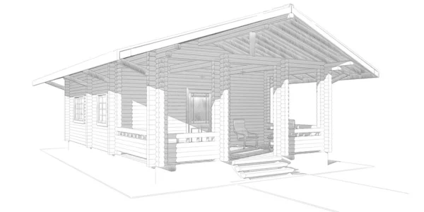 Casa de madera aserrada. 3D renderizado modelo. Aislamiento en la espalda blanca — Foto de Stock