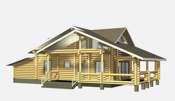 Haus aus Holz. 3D-Modell rendern. Isolation auf weißem Hintergrund Stockbild