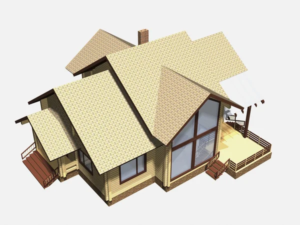 Casa de madeira. renderização modelo 3d. Isolamento nas costas brancas — Fotografia de Stock