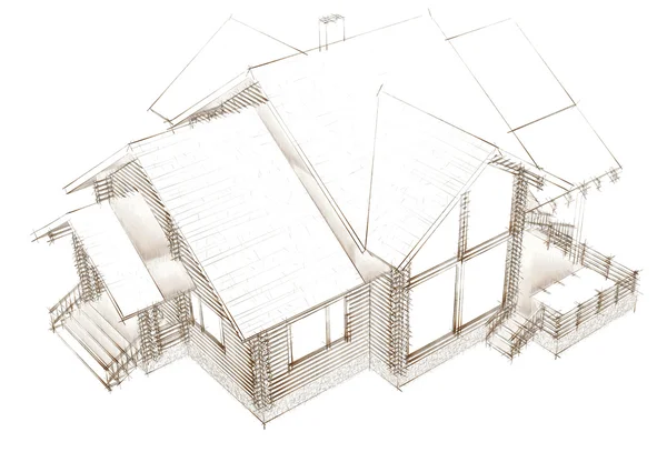Hus av trä virke. 3D modell gör. isolering på vit baksida — Stockfoto