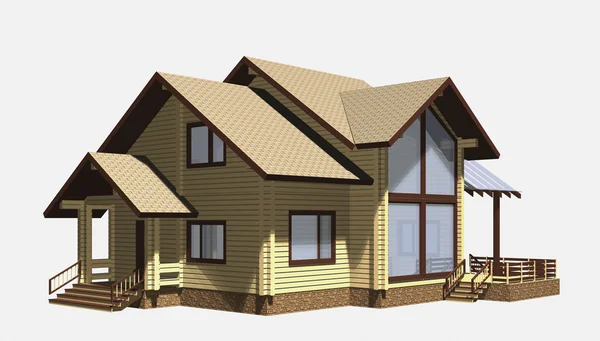 Haus aus Holz. 3D-Modell rendern. Isolation auf weißem Rücken Stockbild