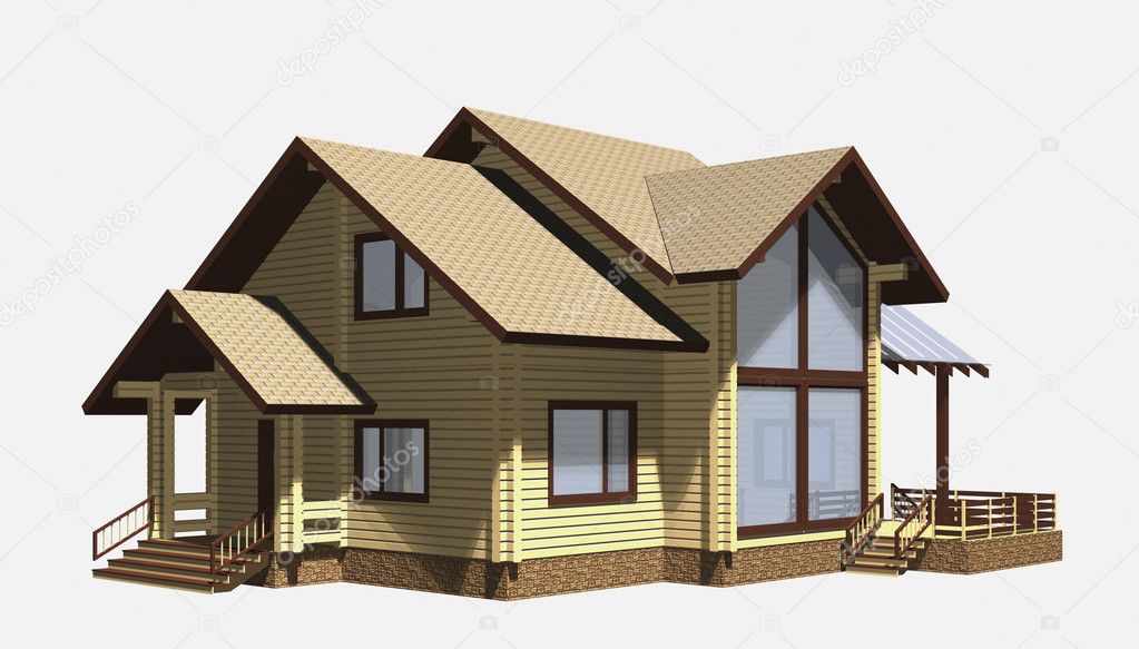 House of wooden timber. 3d model render. Isolation on white back