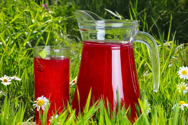 stock image Glass and Jug of fruit water over green grass