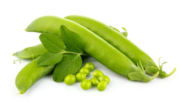 Heap of green pea pods with leaves isolated on white — Stock Photo, Image