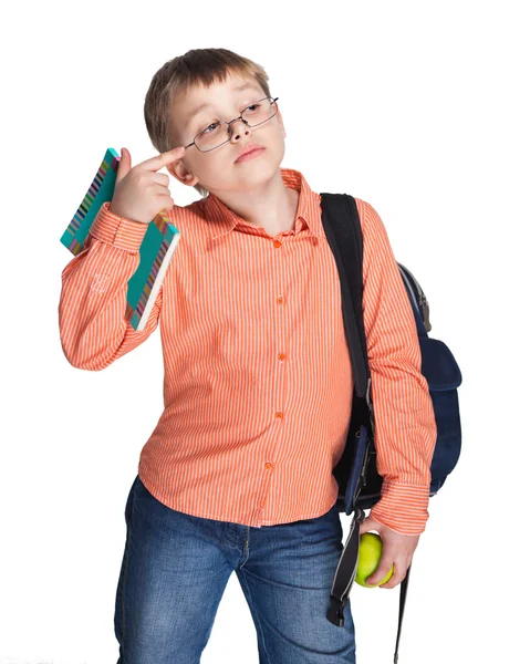 Schulkind in Gläsern mit Apfel — Stockfoto