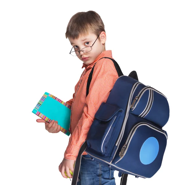 Schoolchild in glasses with apple — Stock Photo, Image