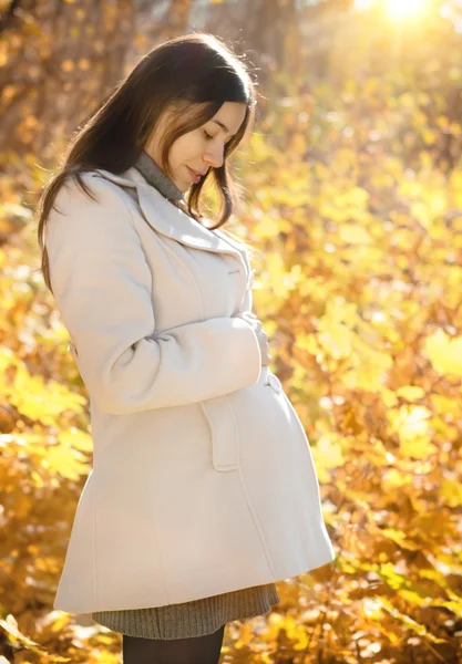 Счастливая беременная женщина в осеннем парке — стоковое фото