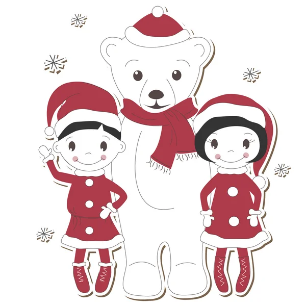 Natal urso branco com menino e menina — Vetor de Stock