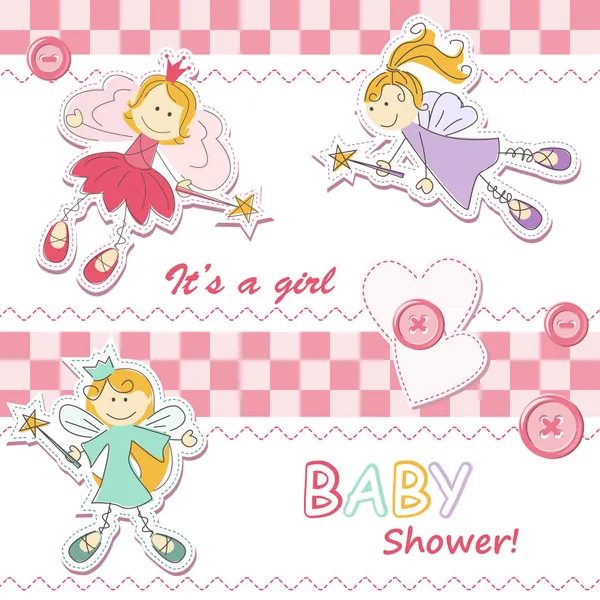 De kaart van de aankondiging van baby meisje met fairy — Stockvector