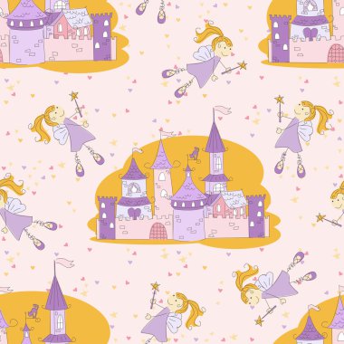 Seamless pattern with princess castle and fairy clipart