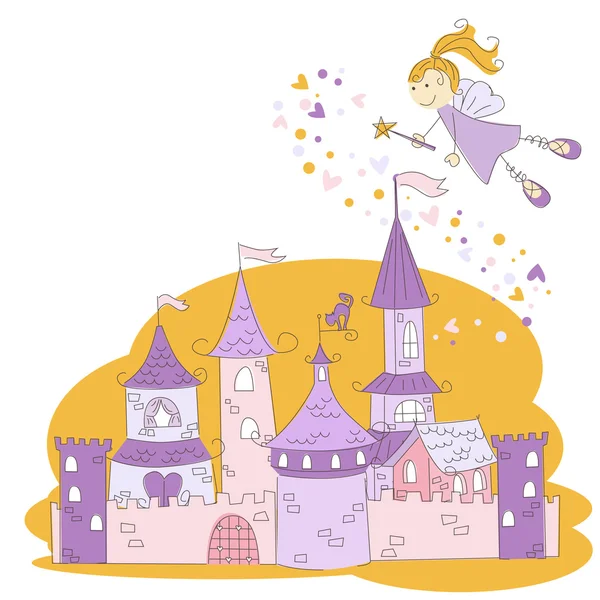 Νεράιδα με το μαγικό ραβδί και πριγκίπισσα κάστρο — Διανυσματικό Αρχείο