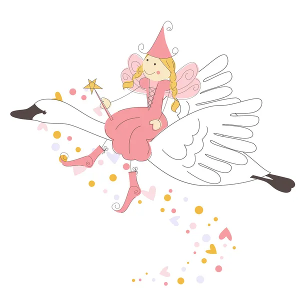 Little fairy vliegen op een zwaan — Stockvector