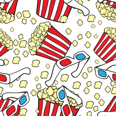 Vector seamless pattern with cinema symbols. Popcorn and 3d glasses clipart