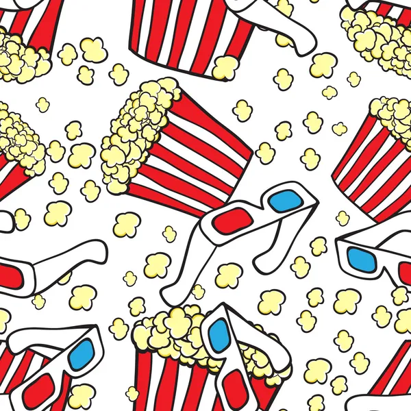 Modello vettoriale senza cuciture con simboli del cinema. Popcorn e bicchieri 3d — Vettoriale Stock
