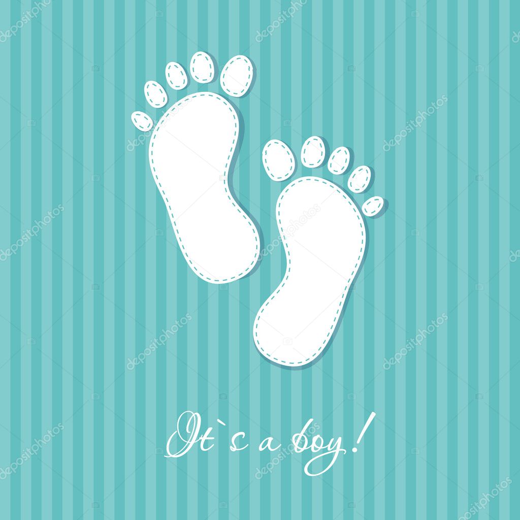 Baby boy arriival card with two foot steps on stripe background