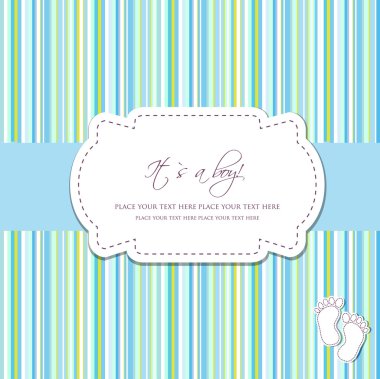 Baby boy arrival card with two foot steps on polka dot background clipart