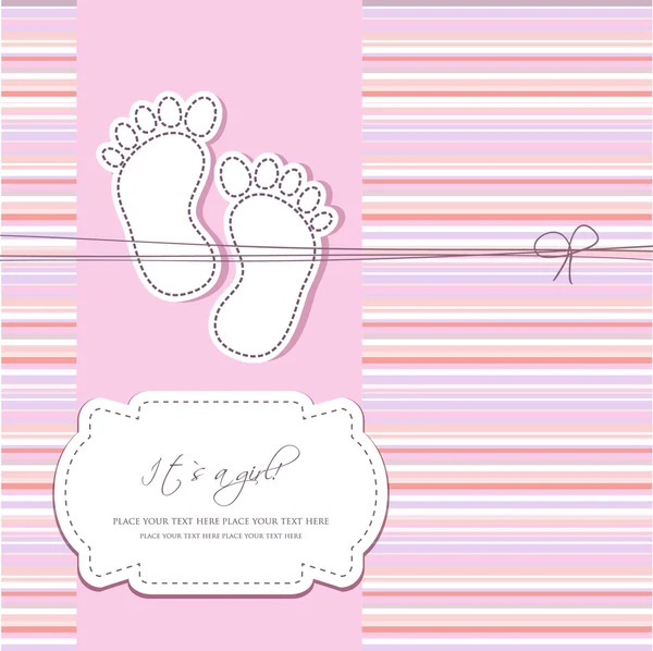 Baby Mädchen Ankunftskarte mit zwei Fußschritten auf gepunktetem Hintergrund — Stockvektor