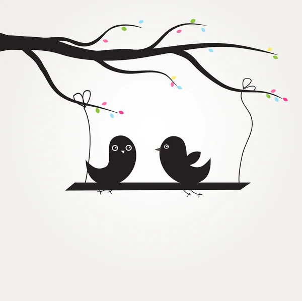 花の木の上の 2 つの鳥のグリーティング カード — ストックベクタ