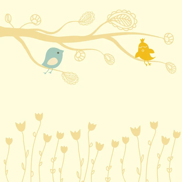 Cartão de saudação com dois pássaros na árvore floral — Vetor de Stock