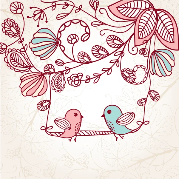 Ευχετήρια κάρτα με δύο πουλιά με το floral δέντρο — Διανυσματικό Αρχείο