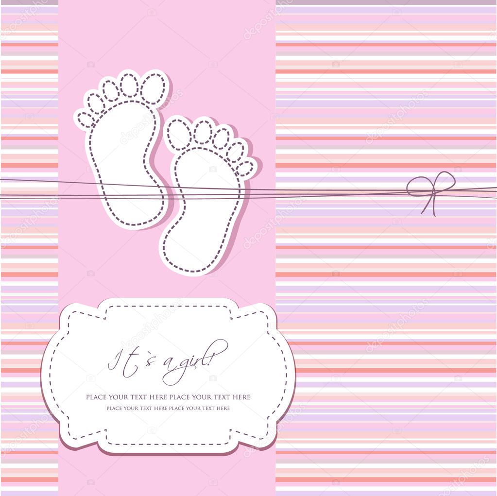Baby girl arrival card with two foot steps on polka dot background