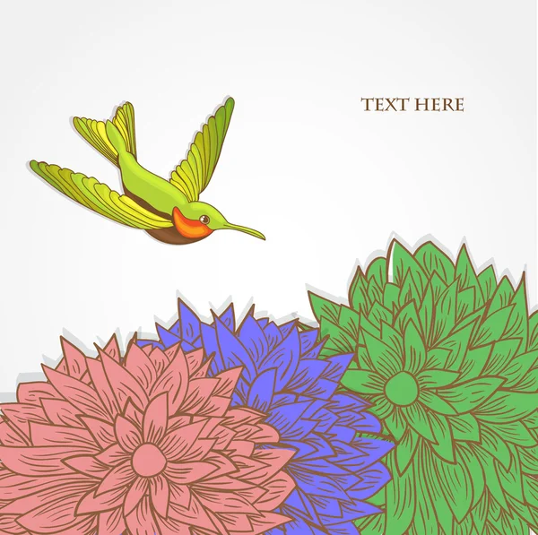 Vector hummingbird flying near of flowers. Vector background for your design — Stock Vector