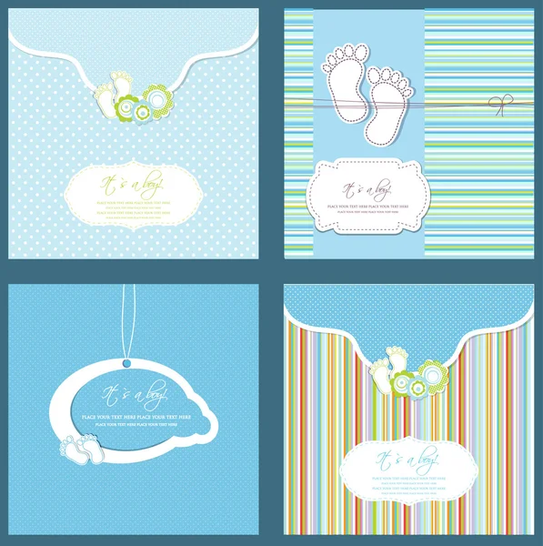 Ensemble de quatre cartes de douche pour bébé garçon en couleurs bleues — Image vectorielle
